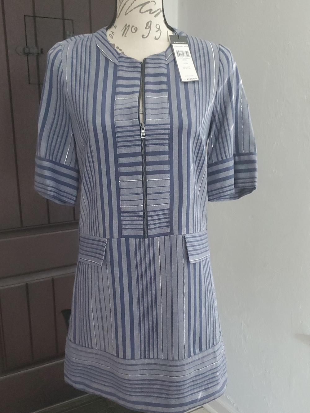 BCBGMaxAzria Blue Striped Cotton Zip-Front Shift Dress New